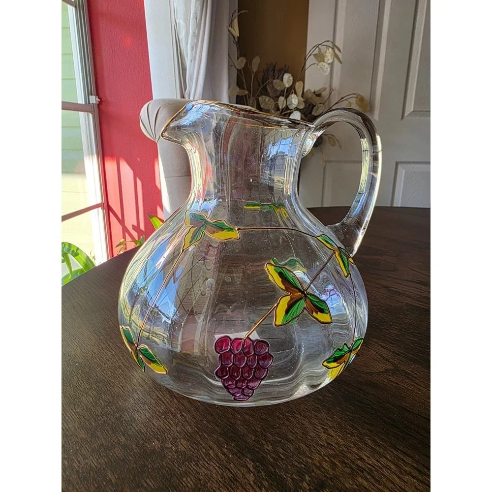 Hand-Painted Glass Pitcher With Grapes & Leaves Design made in Romania